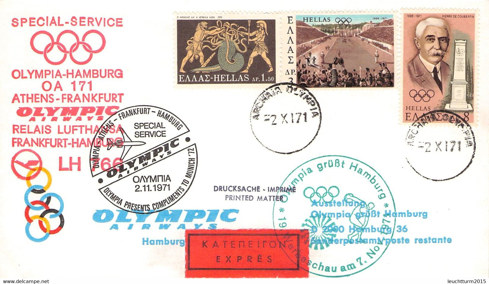 GREECE - SPECIAL SERVICE OLYMPIA-HAMBURG OA 171 ATHENS-FRANKFURT 2.11.1971 / ZL3 - Cartas & Documentos