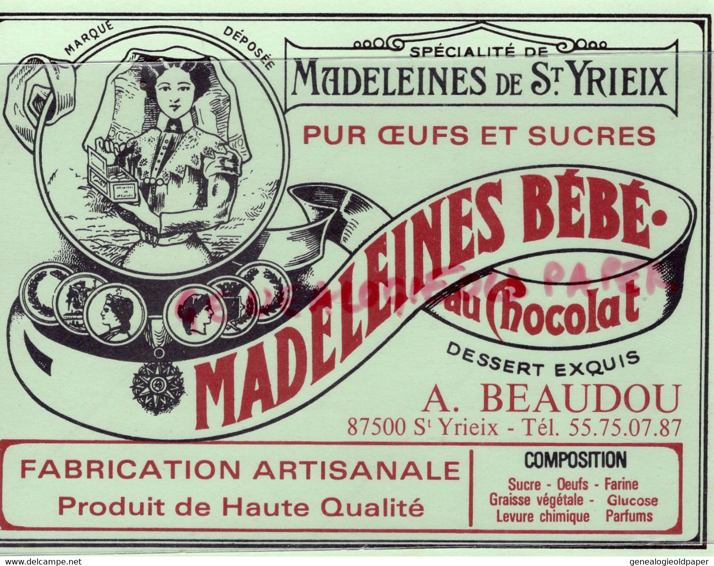 87- SAINT YRIEIX LA PERCHE- ST YRIEIX - RARE PUBLICITE MADELEINES BEBE AU CHOCOLAT - A. BEAUDOU -BARBICHET-MADELEINE - Publicités