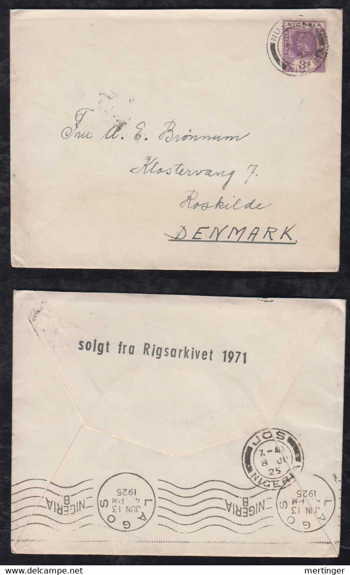 Nigeria 1925 Cover 3P Georg V NUMAN X ROSKILDE Denmark Via JOS Via LAGOS - Nigeria (...-1960)