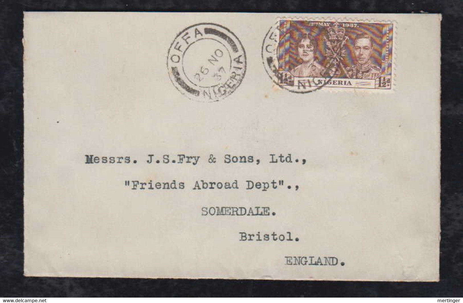 Nigeria 1937 Cover 1½p Cronation Georg VI OFFA X BRISTOL England - Nigeria (...-1960)