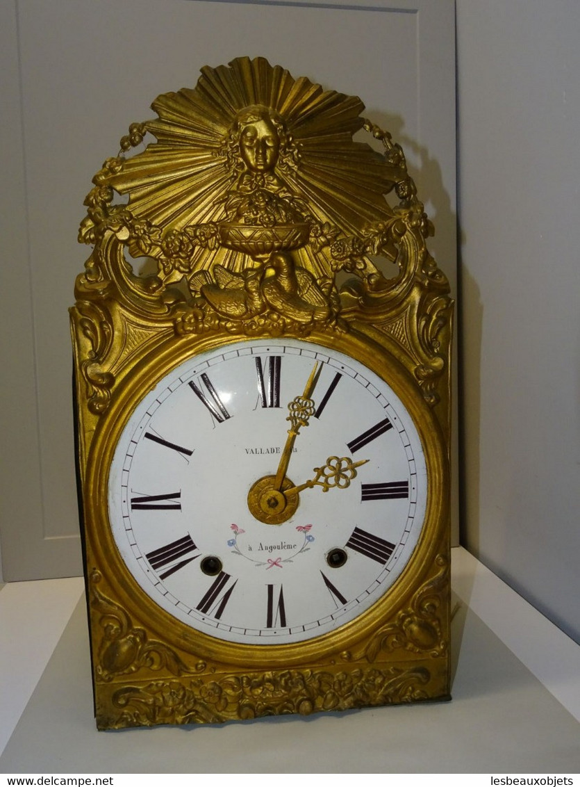 *ANCIEN MOUVEMENT HORLOGE COMTOISE CADRAN Email FLEURI VALLADE Fils ANGOULEME E - Horloges