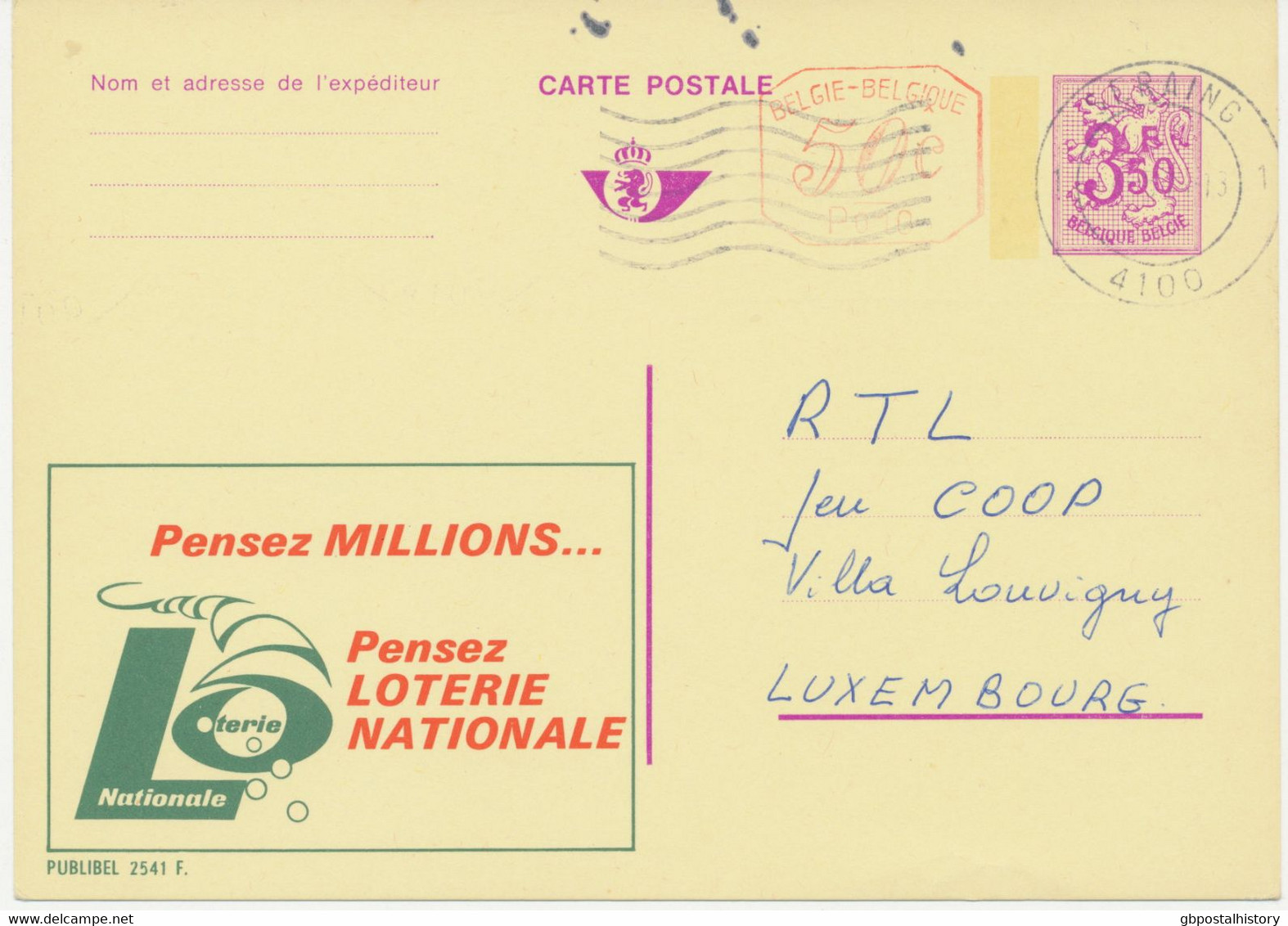 BELGIEN REKLAME-GA 1974, 2541 F. NATIONALE LOTERIE Lotterie/Lotto 3,50 F + 50 C Werbe-GA Advertising SERAING / 4100 Nach - Sonstige & Ohne Zuordnung
