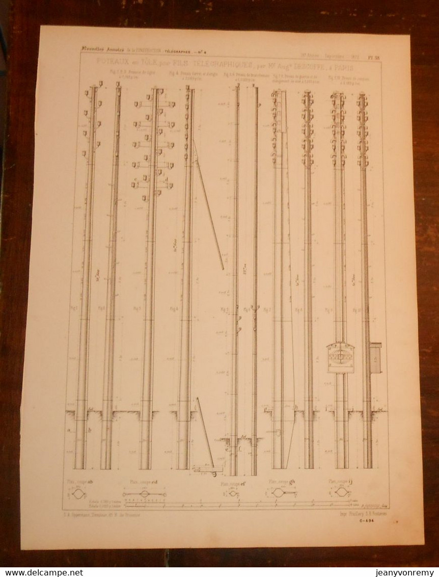 Plans De Poteaux En Tôle Pour Fils Télégraphiques. 1872. - Travaux Publics