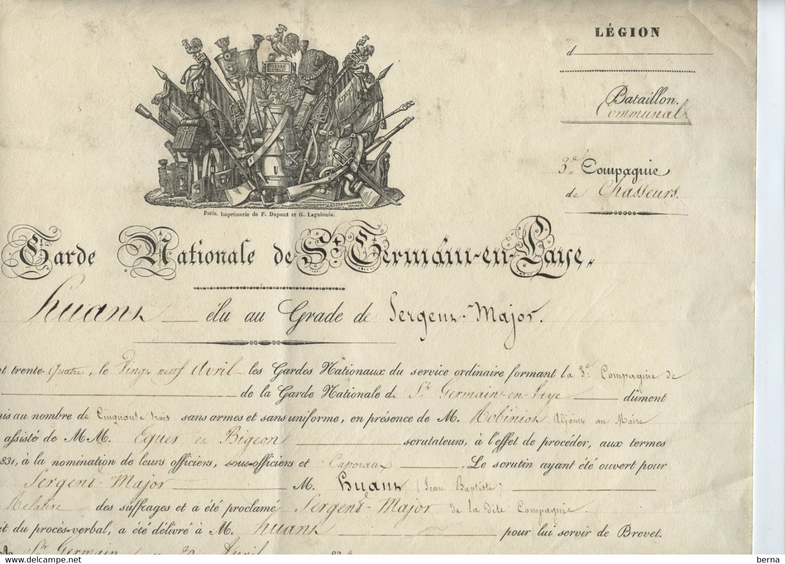 1834 ST GERMAIN EN LAYE GARDE NATIONALE NOMINATION AU GRADE DE SERGENT MAJOR 36*26cm - Documentos Históricos