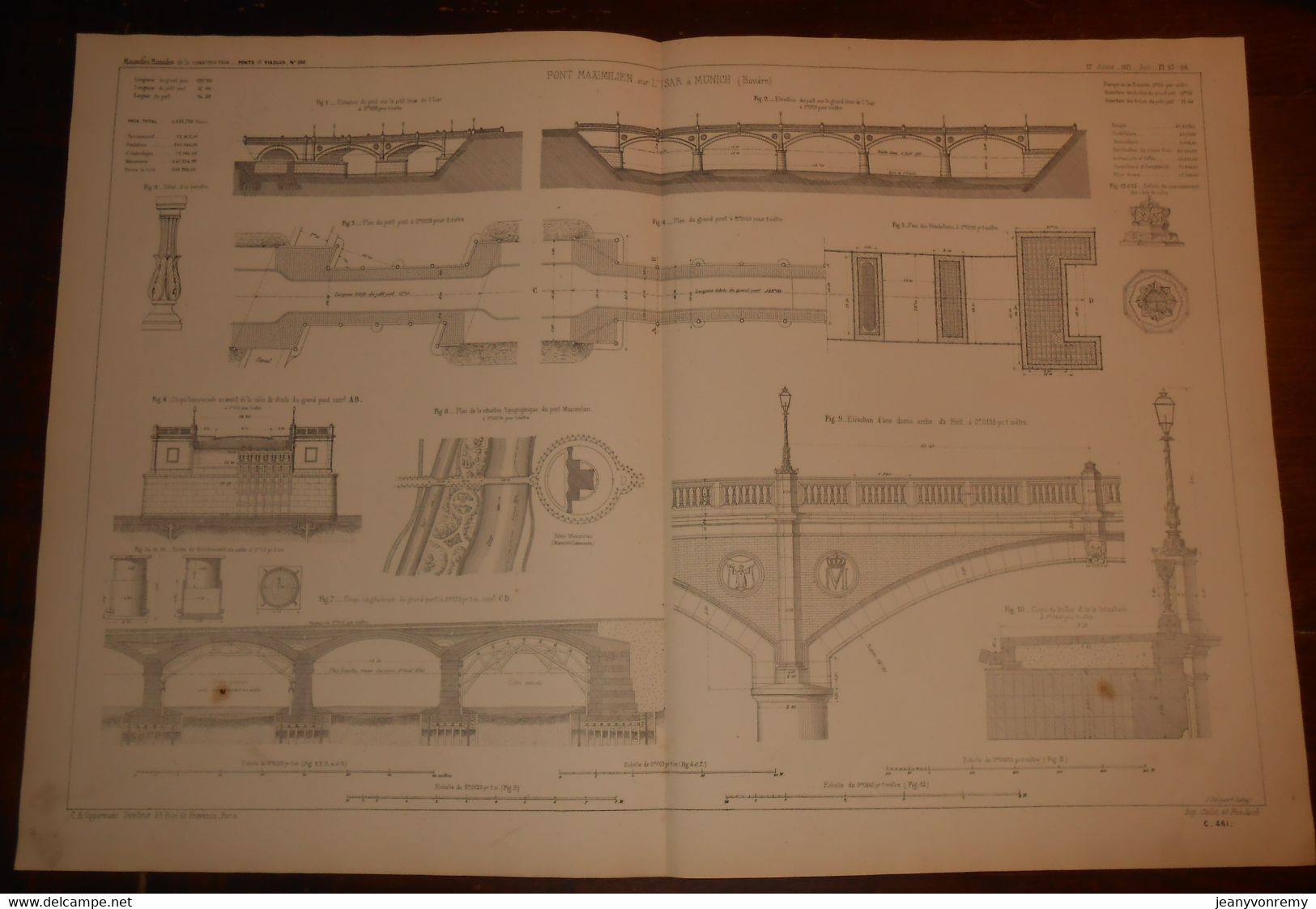 Plan Du Pont Maximilien Sur L'Isar à Munich En Bavière. 1871. - Travaux Publics