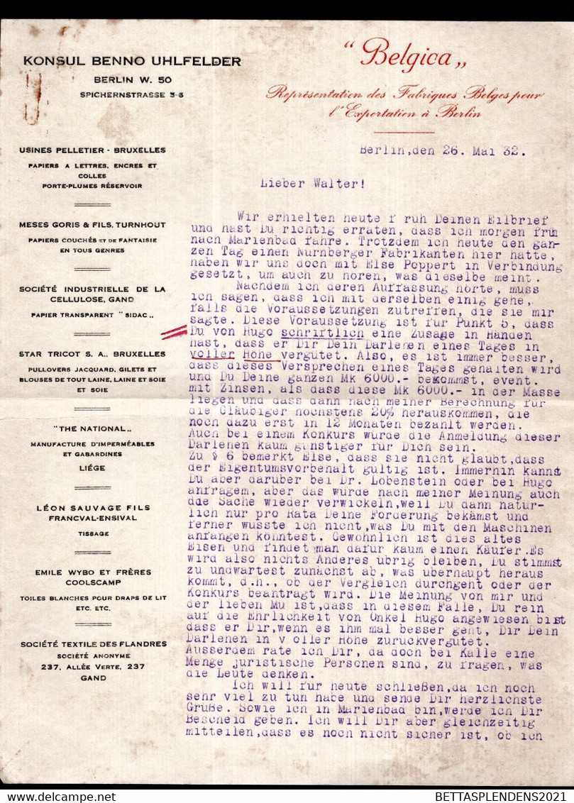 BERLIN - Courrier Entête " KONSUL BENNO UHLFELDER " - BELGICA - Représentation Des Fabriques BELGES... - 1900 – 1949