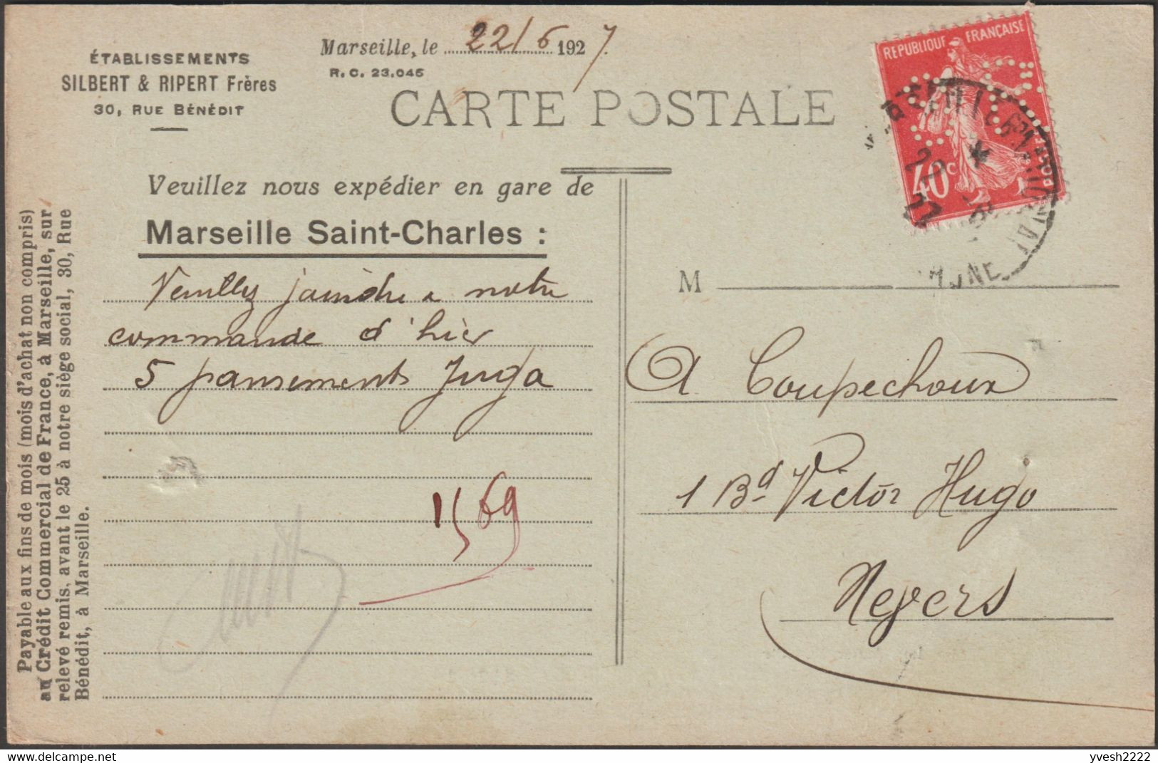 France 1927 Y&T 194. 40 C Semeuse Perforé S. R., Silbert & Ripert, Grossiste En Pharmacie, Marseille. Souvenir D'Orient - Pharmacy
