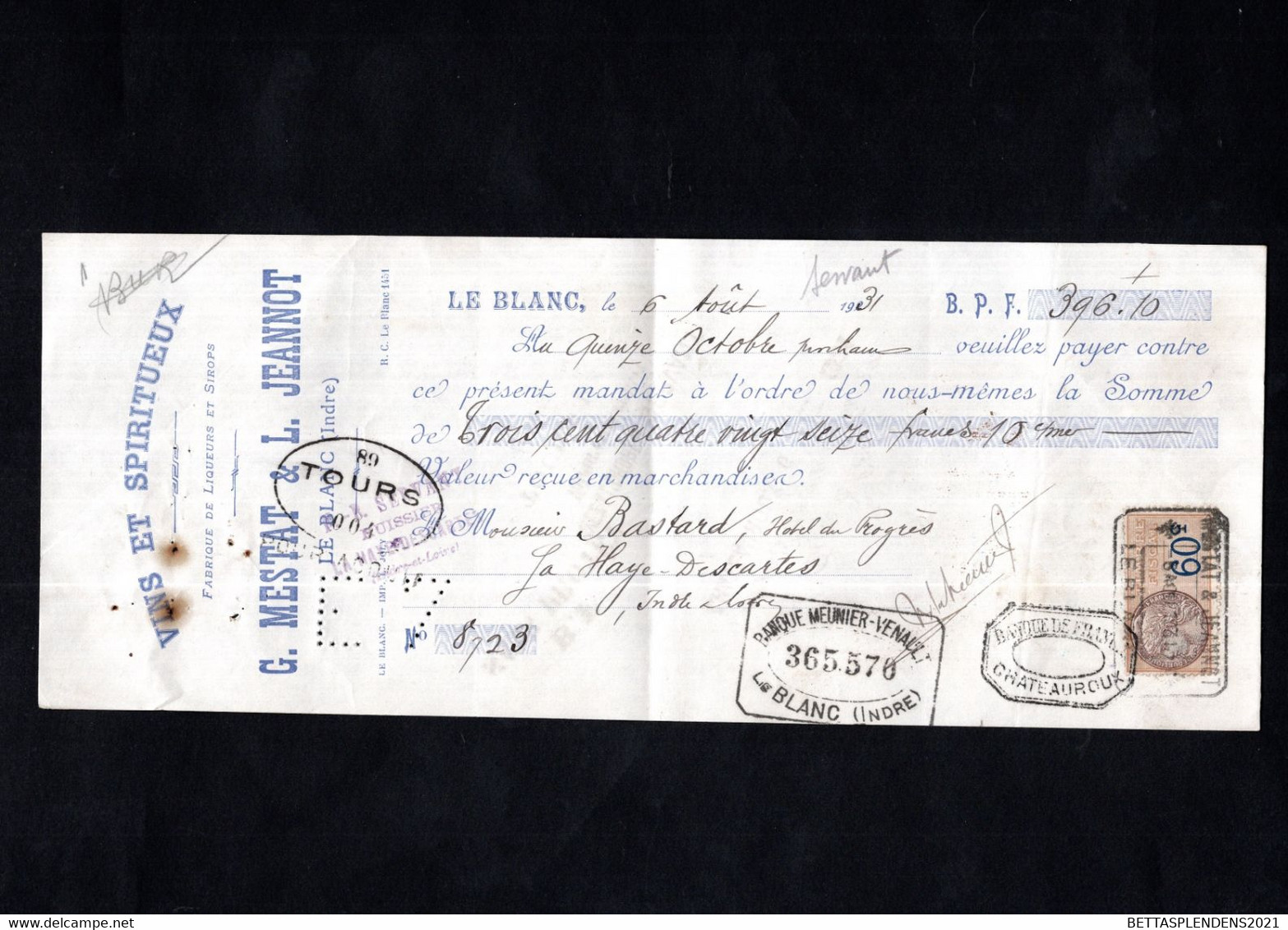LE BLANC (Indre) - Lettre De Change 1931 -Vins Et Spiritueux - G. MESTAT & L. JEANNOT - Bills Of Exchange