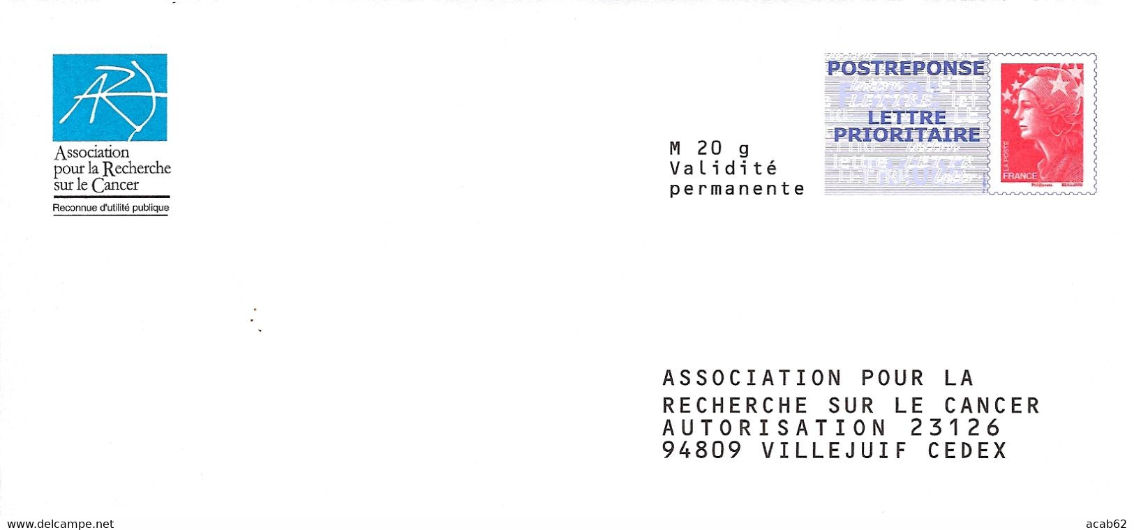 France, PAP, Beaujard Postréponse Lettre Prioritaire 10P180 Association Pour La Recherche Sur Le Cancer - Prêts-à-poster:Answer/Beaujard