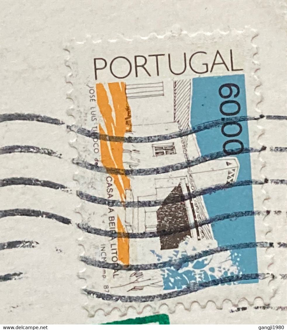 PORTUGAL,1990,DUE,POST MARK,IN RED COLOUR,LOSEN 5Kr IN GREEN COLOUR POST MARK,BACK SIDE STONE BEACH POST CARD,TO SWEDEN. - Covers & Documents