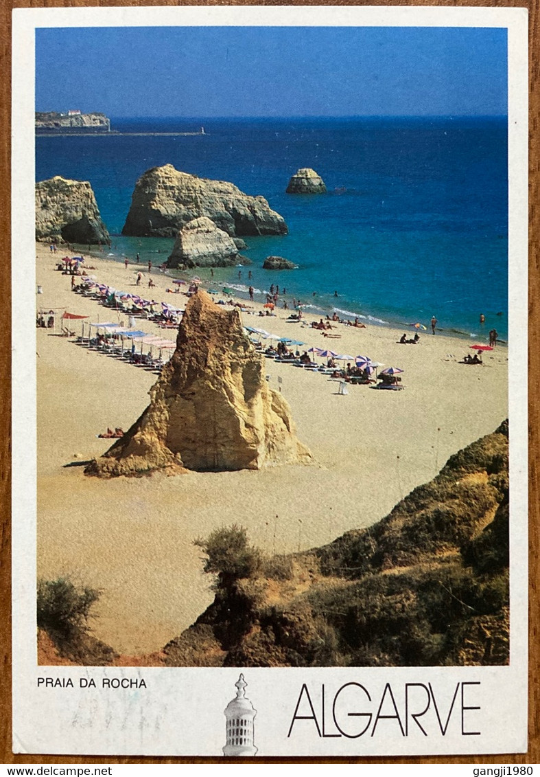 PORTUGAL,1990,DUE,POST MARK,IN RED COLOUR,LOSEN 5Kr IN GREEN COLOUR POST MARK,BACK SIDE STONE BEACH POST CARD,TO SWEDEN. - Storia Postale