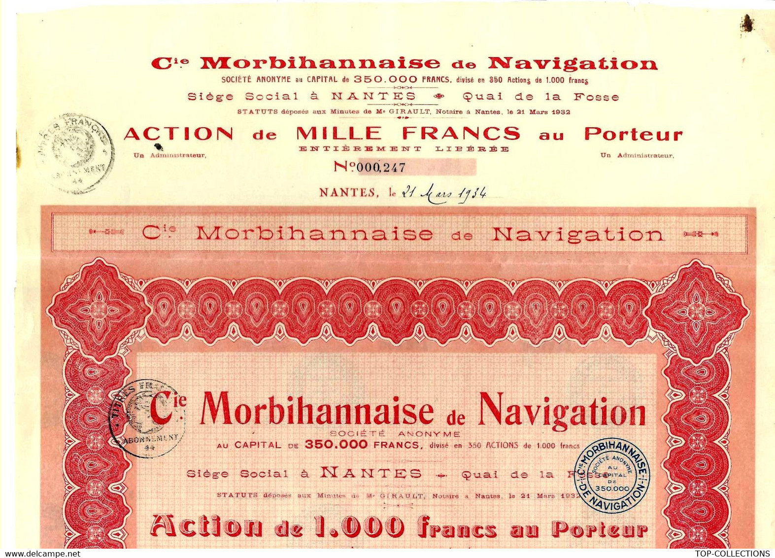 RARE !! CIE MORBIHANNAISE DE NAVIGATION Nantes 1934 B.E.VOIR SCANS - Navigation