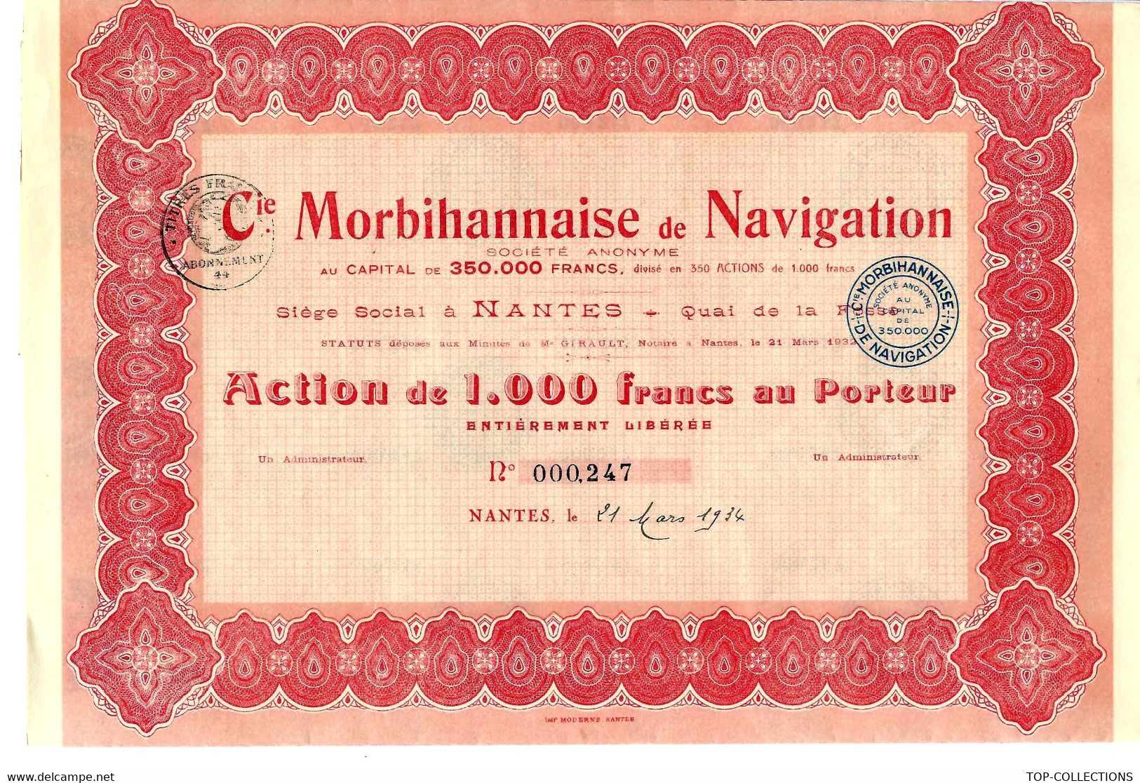 RARE !! CIE MORBIHANNAISE DE NAVIGATION Nantes 1934 B.E.VOIR SCANS - Navy
