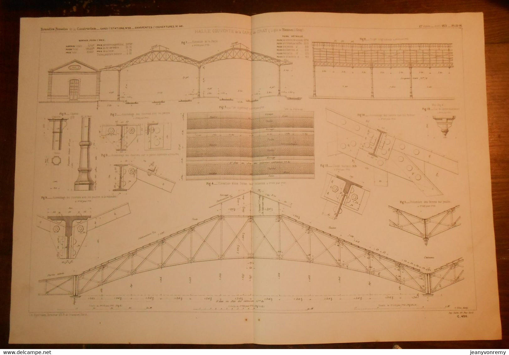 Plan De La Halle Couverte De La Gare De Gray En Haute Saône. 1871. - Public Works