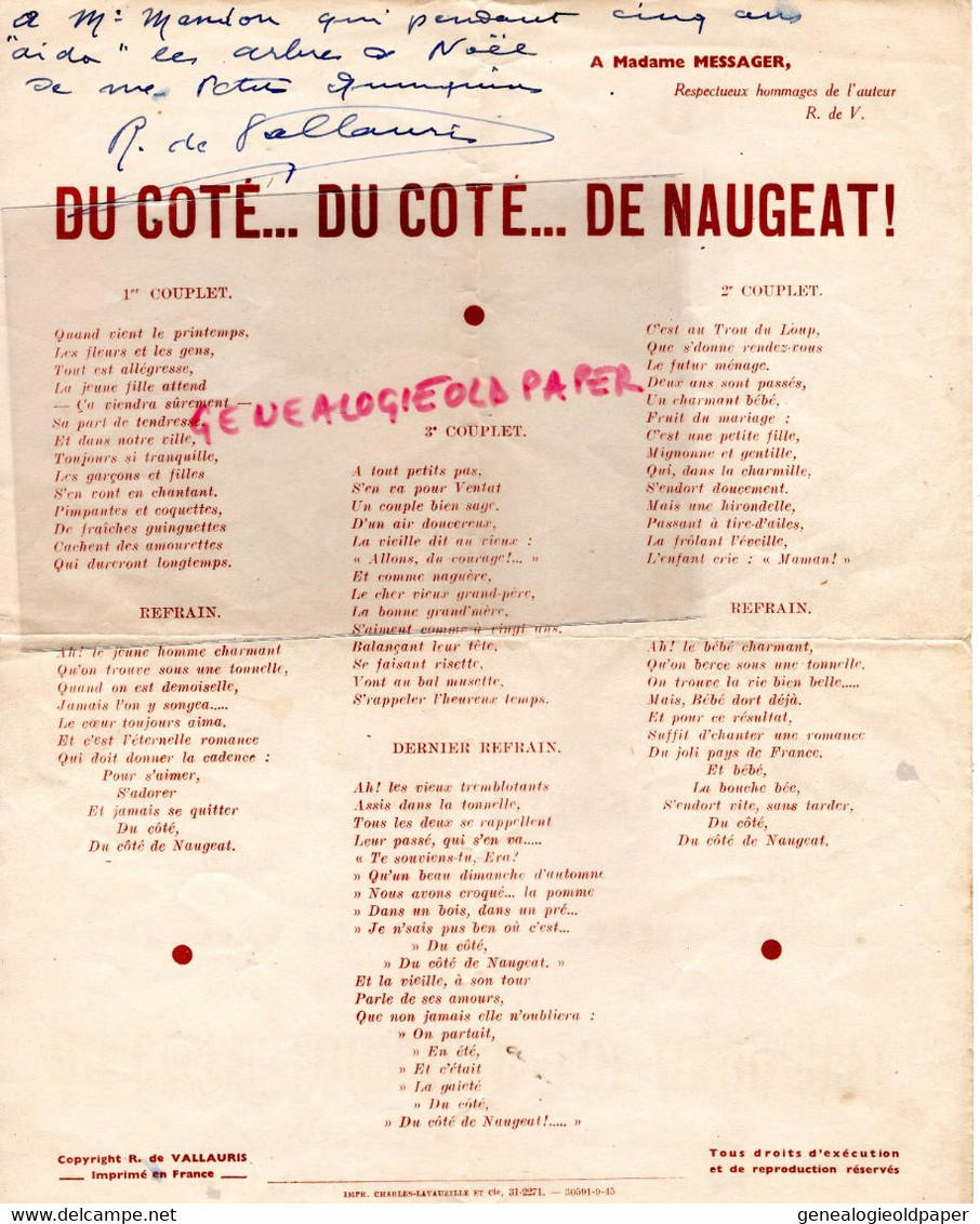 87- LIMOGES - RARE PARTITION DU COTE DE NAUGEAT-HOPITAL ASILE- BOREL CLERC-DE VALLAURIS DEDICACE A MANDON JOLY-1945 - Partituren