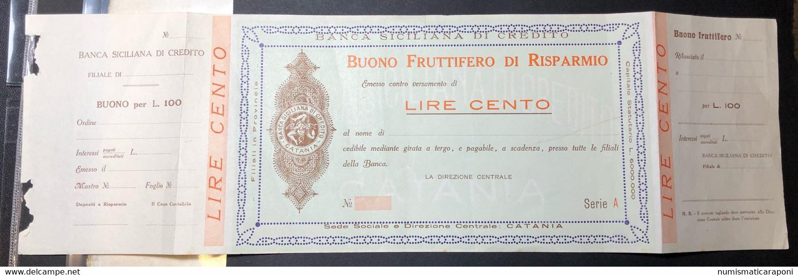 Catania Banca Siciliana Di Credito 100 Lire Buono Fruttifero Di Risparmio Lotto 3882 - Other & Unclassified