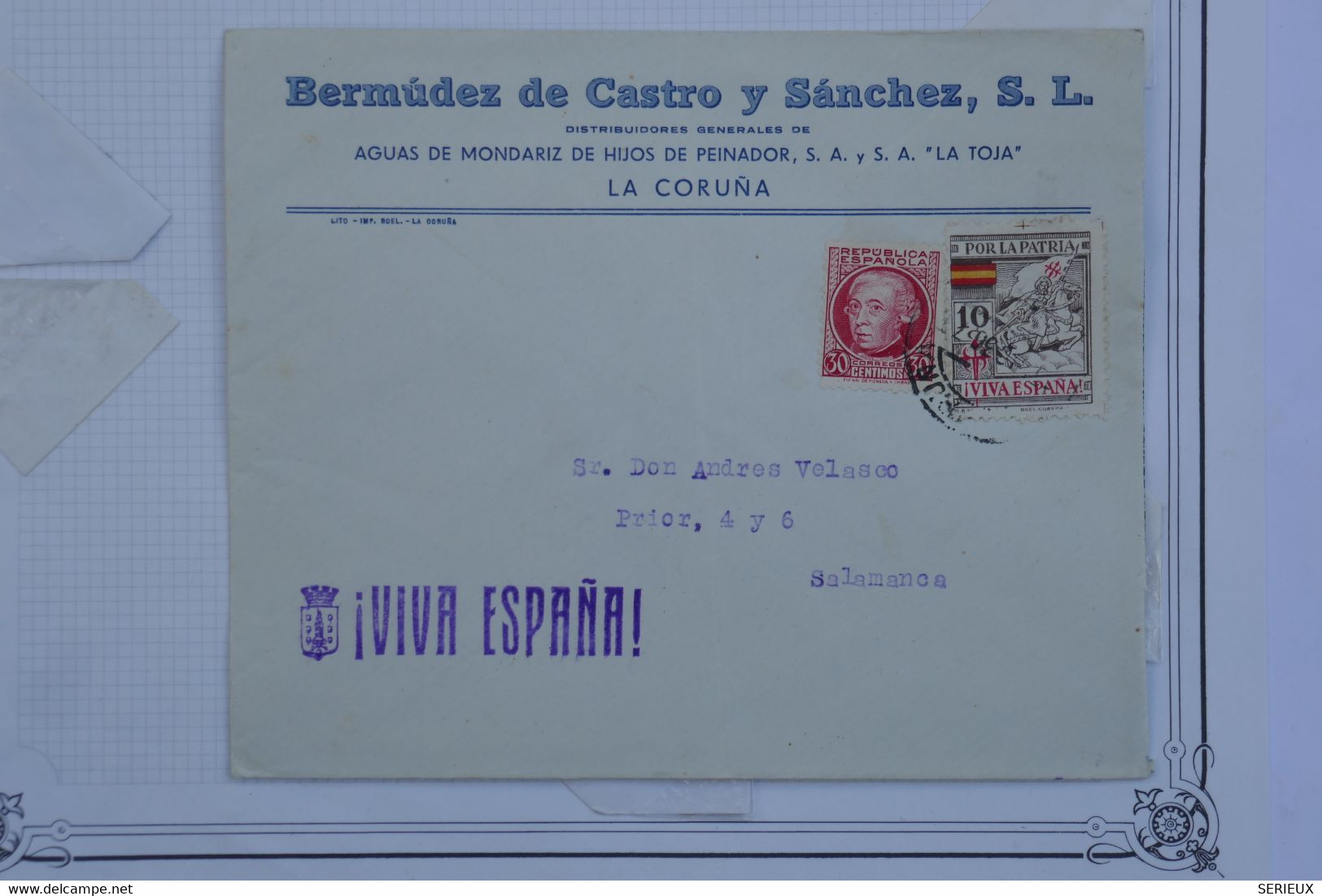 A94 ESPAGNE  BELLE LETTRE   PRIVEE 1930  LA CORUNA  POUR SALAMANCA+VIVA ESPANA +AFFRANCH.   PLAISANT - Cartas & Documentos