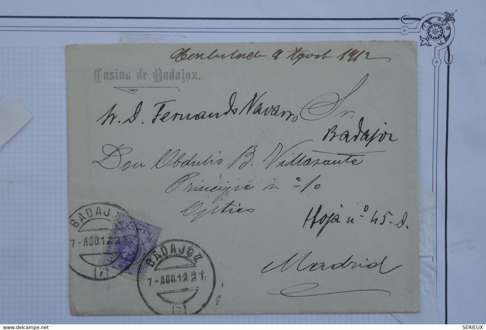 A94 ESPAGNE  BELLE LETTRE CASINO DE BADAJOZ  1912  POUR MADRID +AFFRANCH. INTERESSANT - Cartas & Documentos
