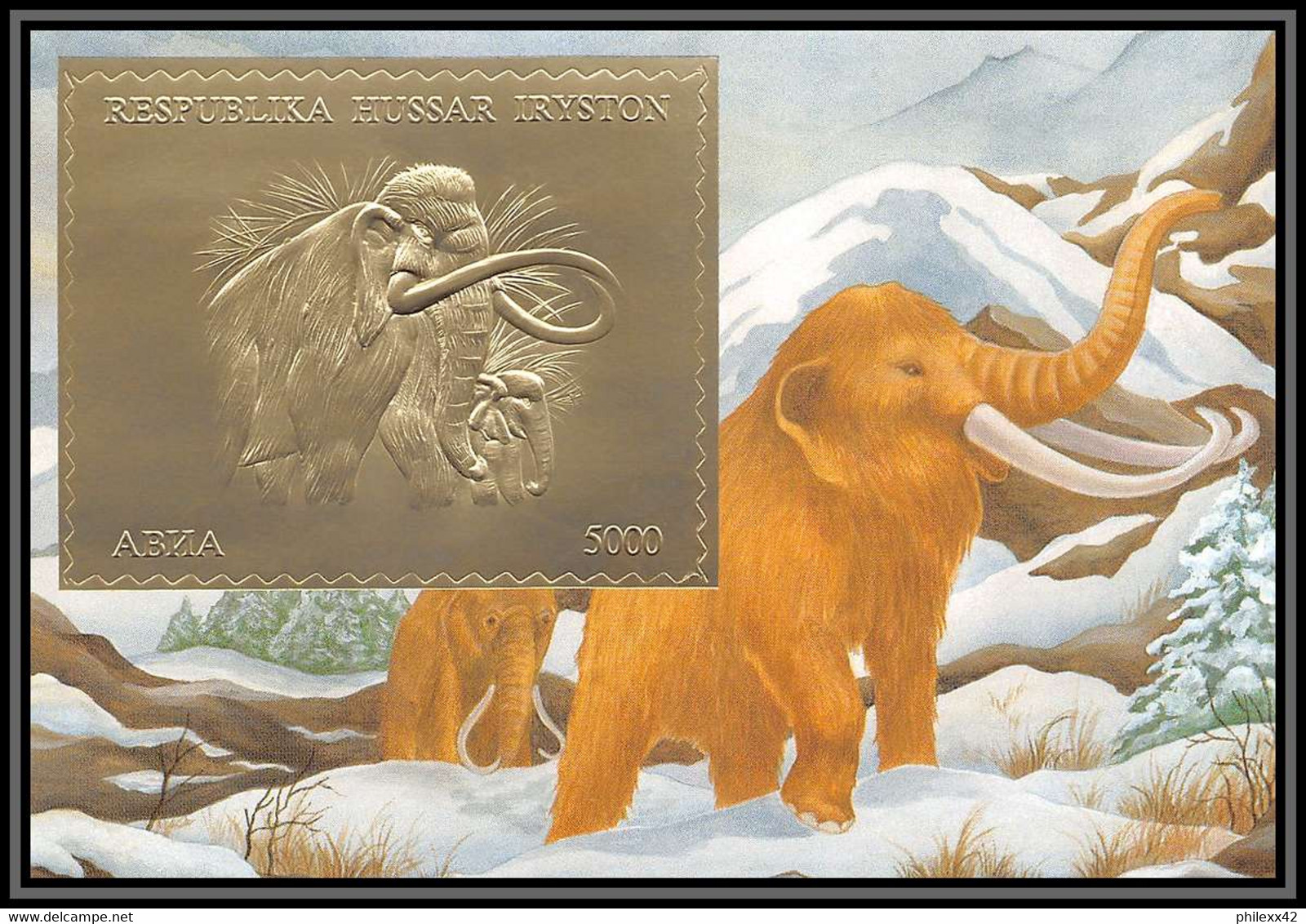 86275 Hussar Iryston Ossétie Mammouth Mammoth Animaux Préhistoriques Prehistoric OR Gold Stamps  ** MNH Tirage Privé - Prehistóricos