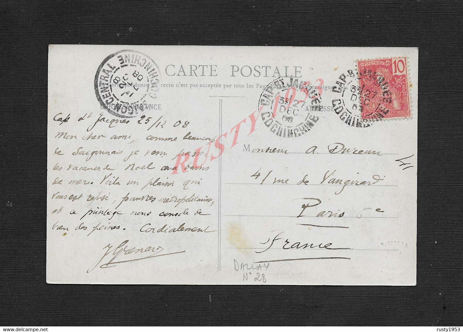 TIMBRE DE COCHINCHINE DE 1908 SUR CPA OB LE CAP SAINT JACQUE PATURAGE & DES CHEVRES : - Lettres & Documents