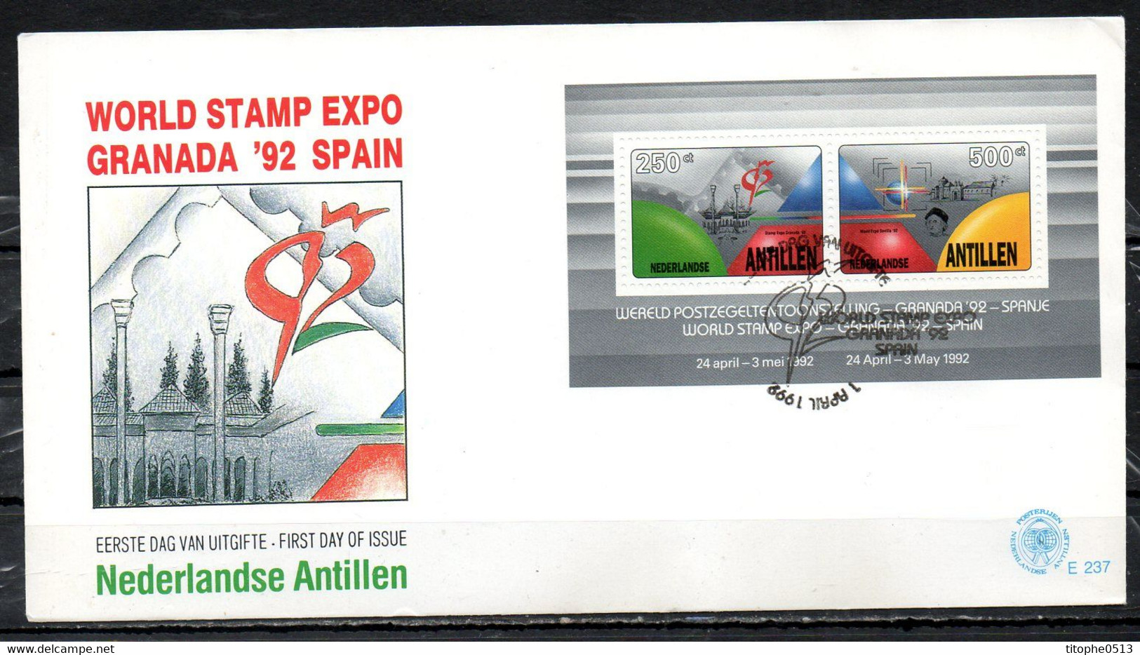 ANTILLES NEERLANDAISES. BF 38 De 1992 Sur Enveloppe 1er Jour (FDC). Expo'92. - 1992 – Siviglia (Spagna)