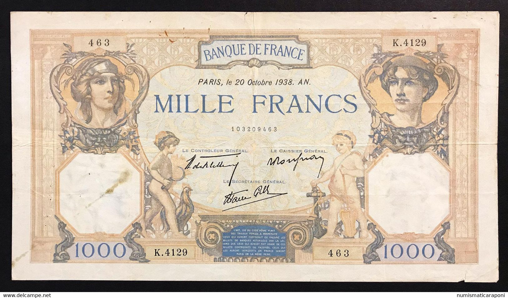 FRANCE FRANCIA 1000 FRANCS Ceres Et Mercure 20/10/1938 Lotto 3478 - 1 000 F 1927-1940 ''Cérès Et Mercure''