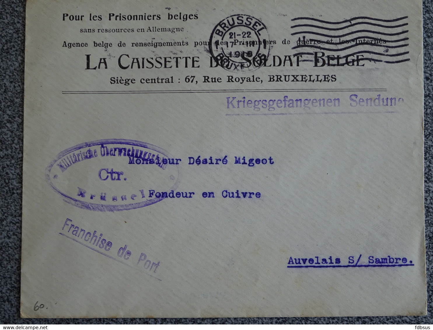 1916 Stempels Kriegsgefangenen Sendung - Franchise De Port - Censuur Brussel Op Enveloppe La Caissette De Soldat Belge - Krijgsgevangenen
