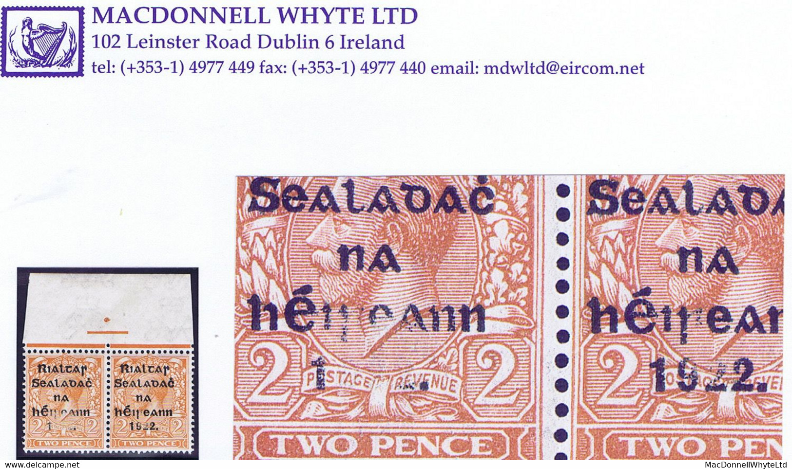 Ireland 1922 Thom Rialtas Ovpt In Blue-black On 2d Die 2, Error "922" Practically Missing Row 1/6 In Marginal Pair Mint - Ungebraucht