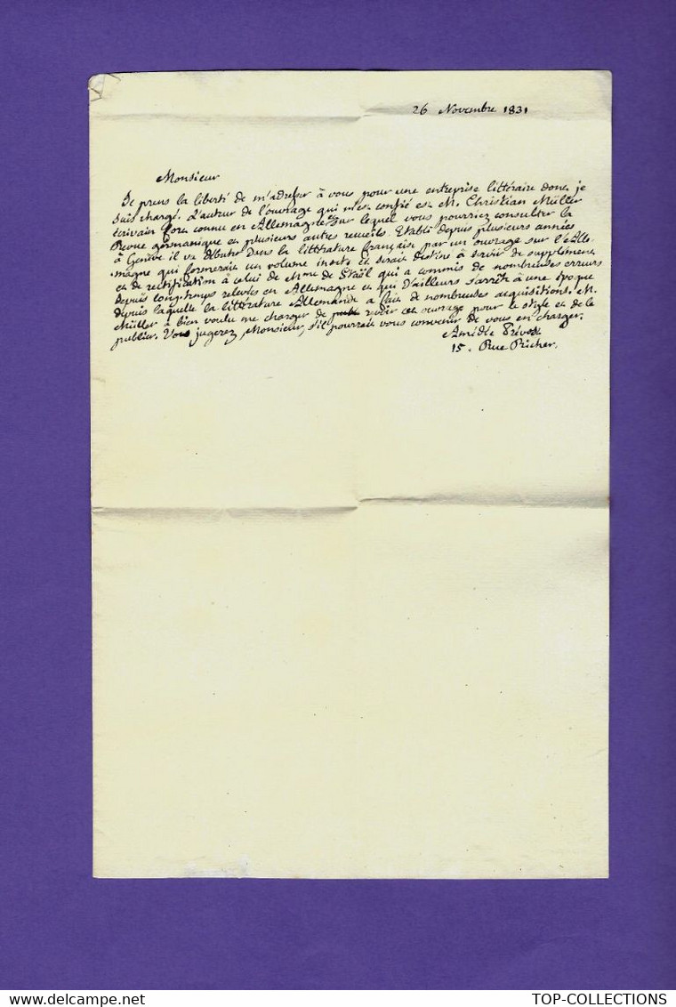 1831 LETTRE De Paris Amédée Prévot Pour Wurtz Libraire à Paris 17 Rue De Lille  VOIR TEXTE ET HISTORIQUE - Manuscrits