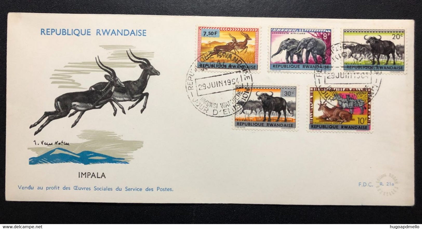 RWANDA, Uncirculated FDC, « Fauna », « Impala», « Bufalus », « Elephant », 1964 - 1962-1969