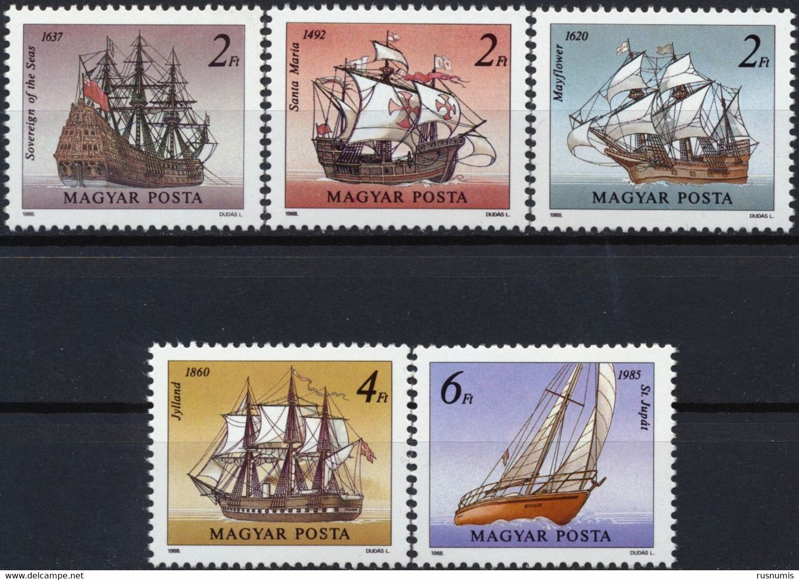 1988 HUNGARY UNGARN HONGRIE Mi 3966-3970 MNH SAILING SHIPS SHIP MAYFLOWER SANTA MARIA JYLLAND SET 5 STAMPS - Autres & Non Classés