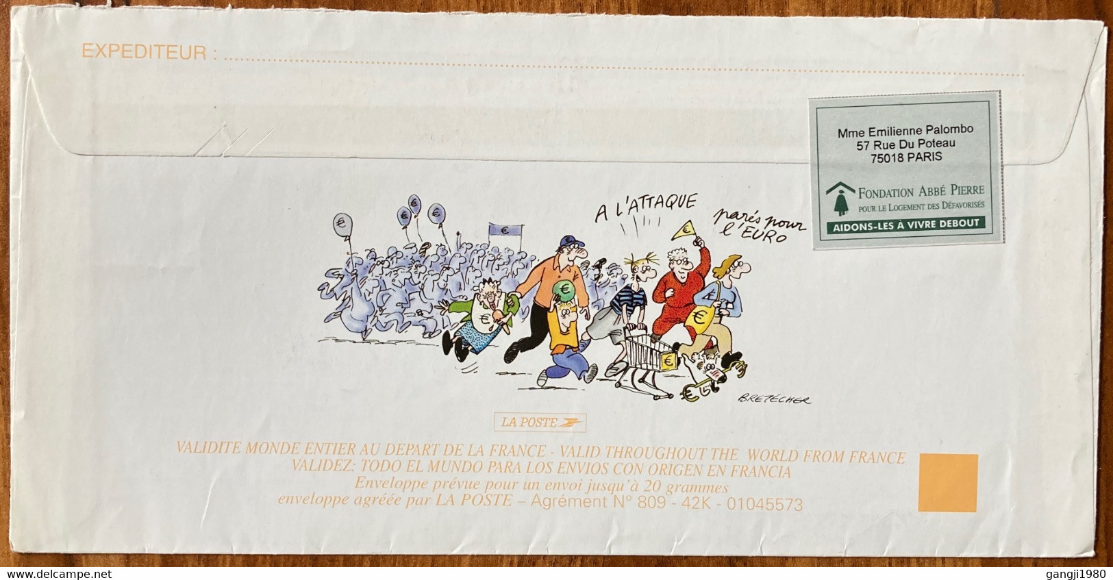 FRANCE,2003, POSTAL STATIONARY, COVER, EURO COIN, TOUR, JOKE, HUMOUR, PARIS LA CHAPELLE, CANCELLATION.VIGNETTE LABEL!!! - Covers & Documents