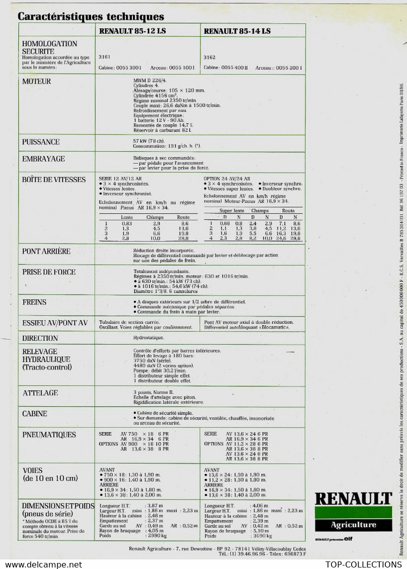 1987 AGRICULTURE DOCUMENTATION PUBLICITAIRE TRACTEURS RENAULT 85-12 / 85-14 LS B.E. VOIR SCANS - Publicités