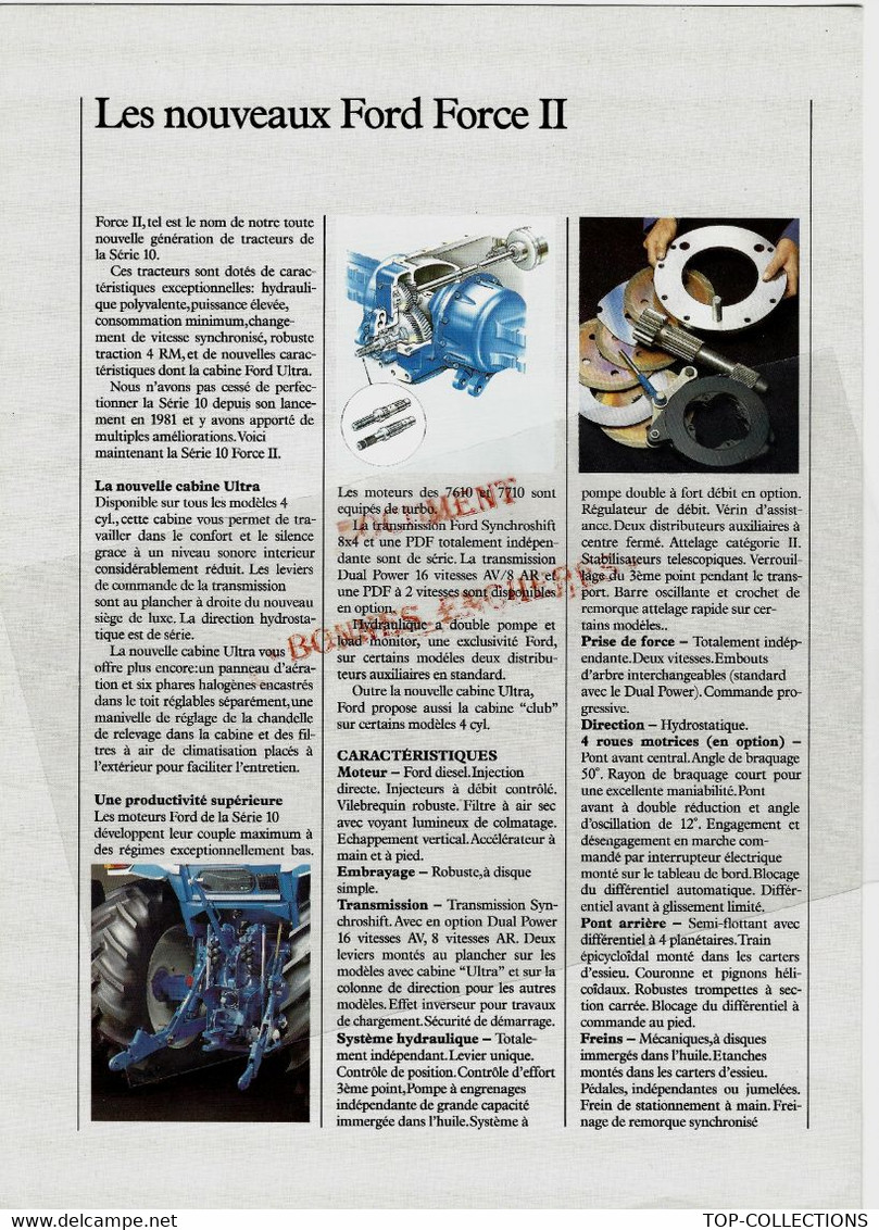 1988  PUBLICITE ET FICHE TECHNIQUE TRACTEURS FORD SERIE 10 SUR 4 PAGES B.E.VOIR SCANS - Publicidad