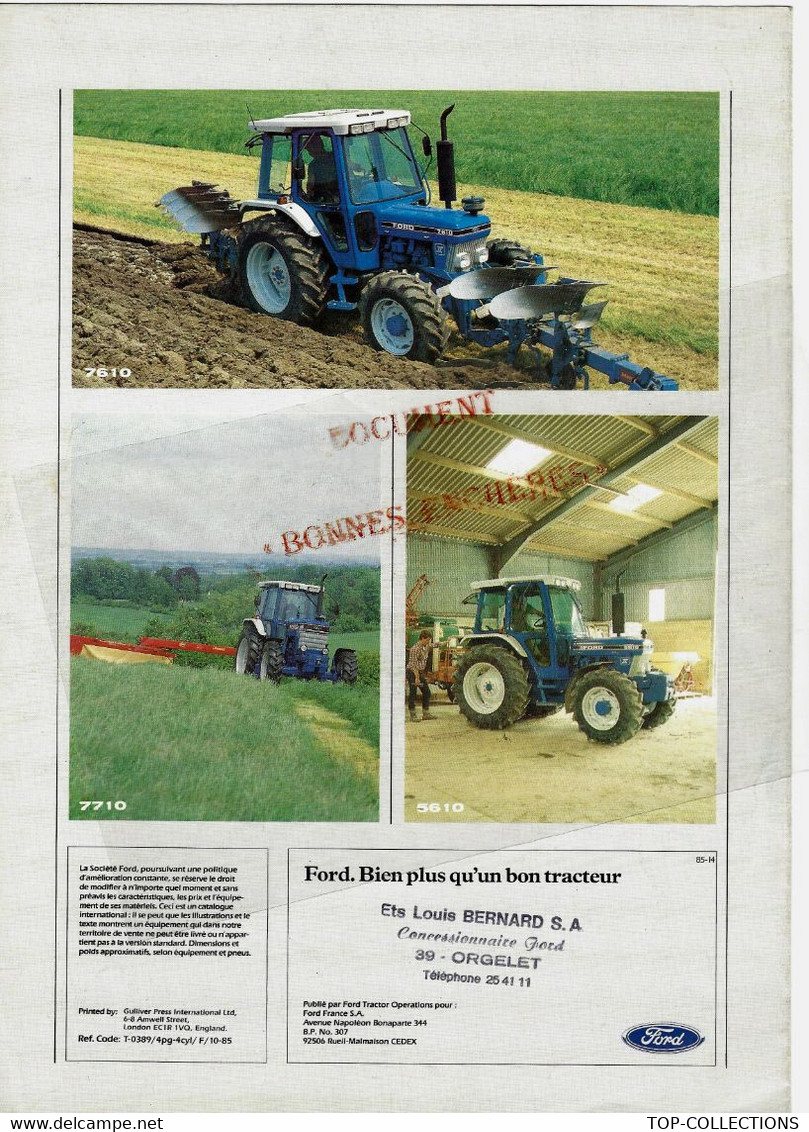 1988  PUBLICITE ET FICHE TECHNIQUE TRACTEURS FORD SERIE 10 SUR 4 PAGES B.E.VOIR SCANS - Publicidad