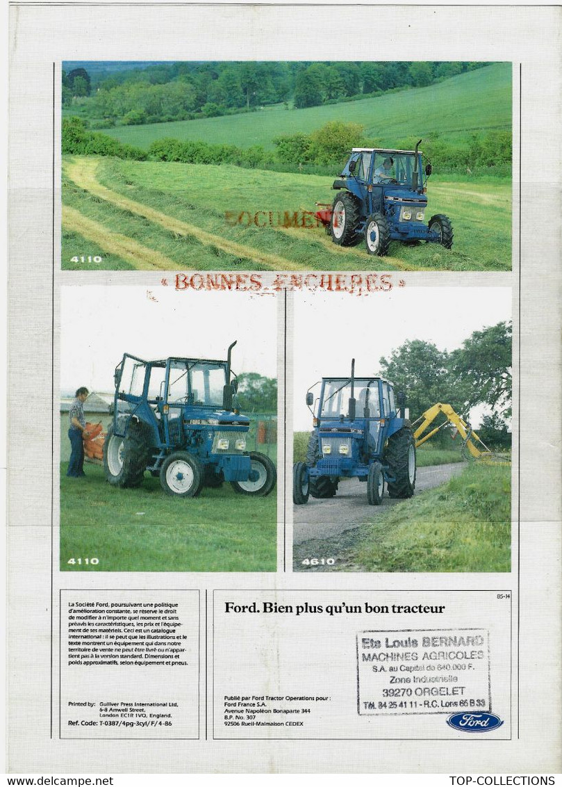 1986   PUBLICITE ET FICHE TECHNIQUE TRACTEURS FORD SERIE 10 Modèles 3 Cyl. SUR 4 PAGES B.E.VOIR SCANS - Pubblicitari