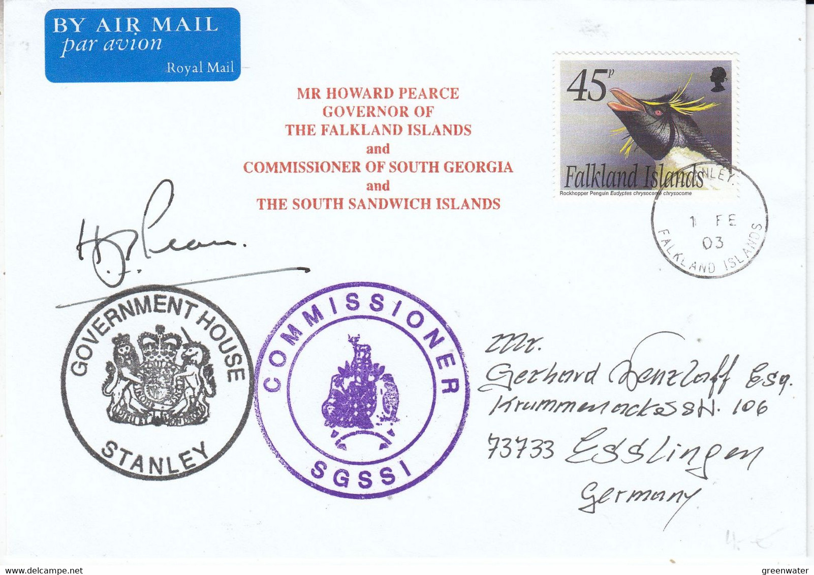 Falkland Islands 2003 Cover Send By Howard Pearce Governor Of The Falkland Islands, Signed CA Stanley 1 FE 2003 (FI206) - Falklandeilanden