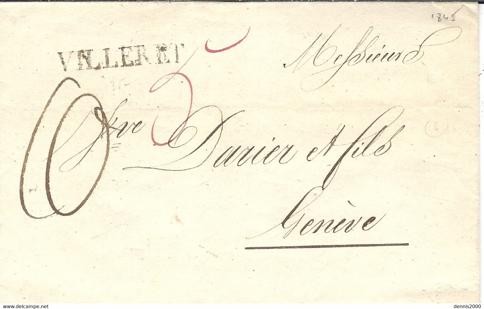 1845- Lettre De VILLERET - Canton De Berne  Taxe 10  Pour Genève - ...-1845 Préphilatélie