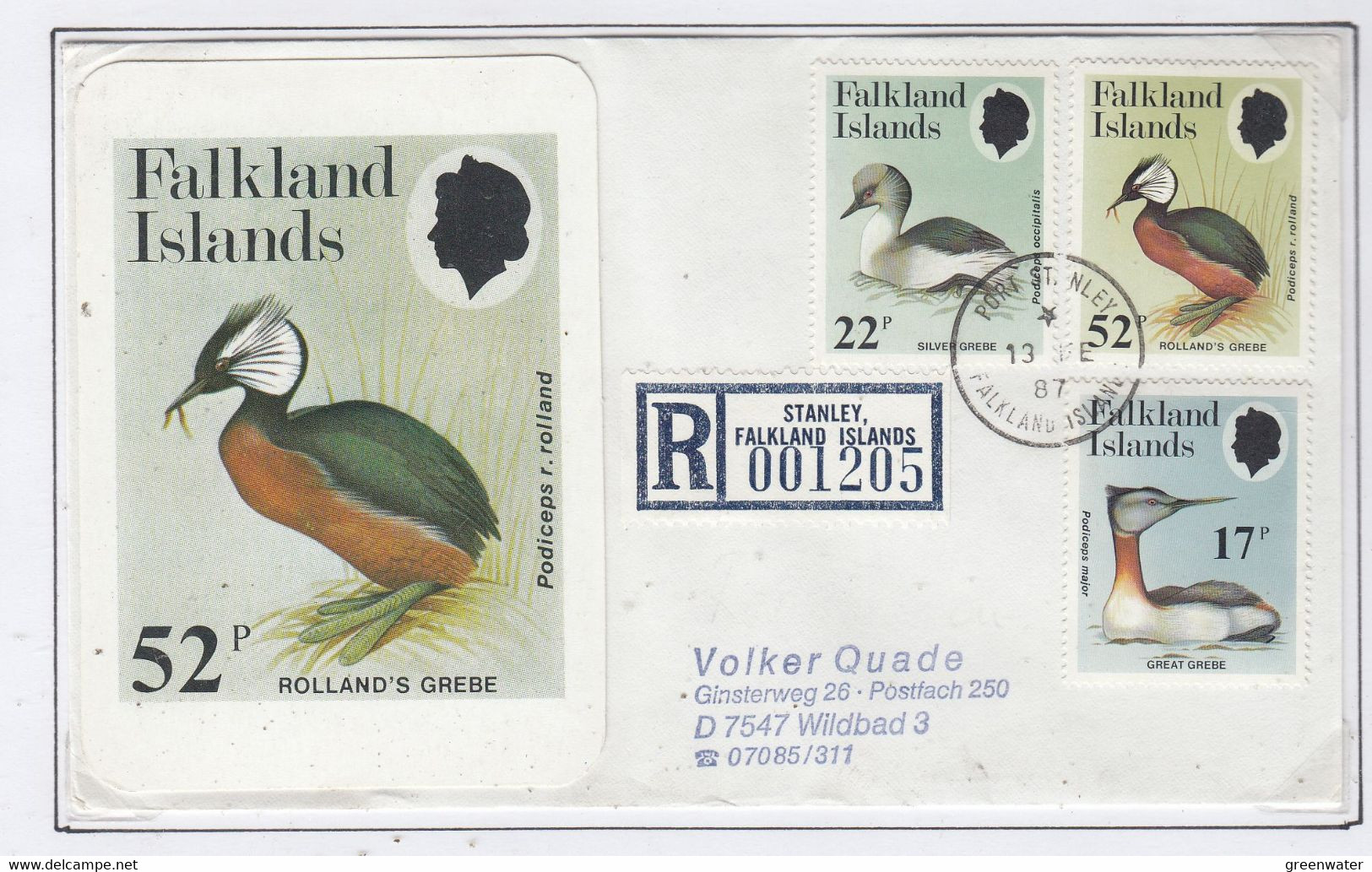 Falkland Islands 1987 Grebes 3v Registered Cover To Germany  Ca Port Stanley 13 FE 87  (FL207A) - Falkland Islands