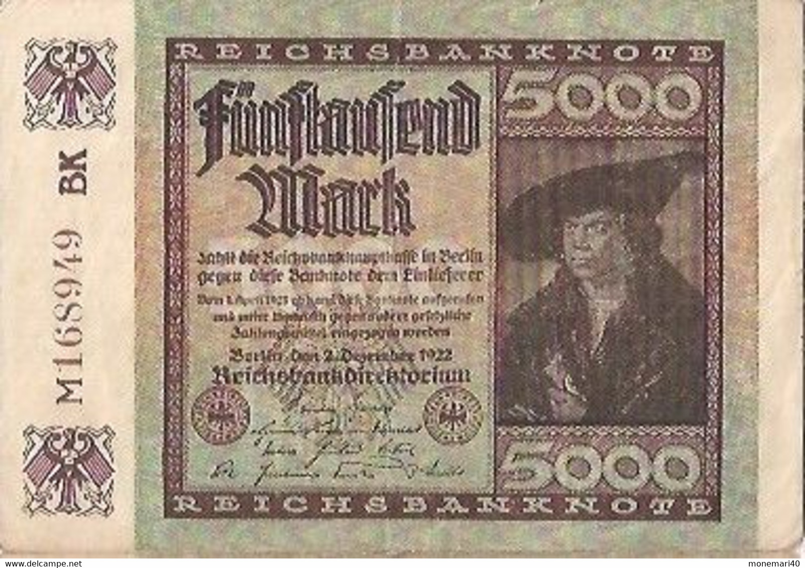 ALLEMAGNE 5000 MARK - M168949 BK - REICHSBANKNOTE - 2 DÉCEMBRE 1922 - 5.000 Mark