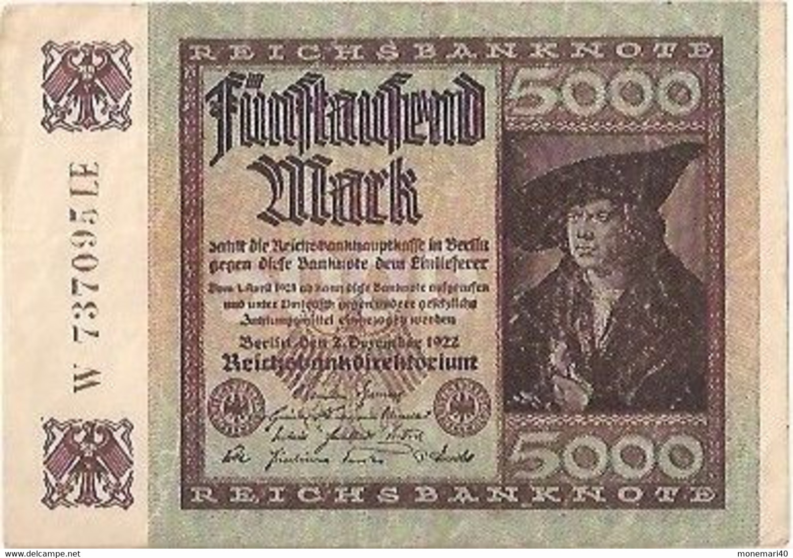 ALLEMAGNE 5000 MARK - W 737095 LE - REICHSBANKNOTE - 2 DÉCEMBRE 1922 - 5000 Mark