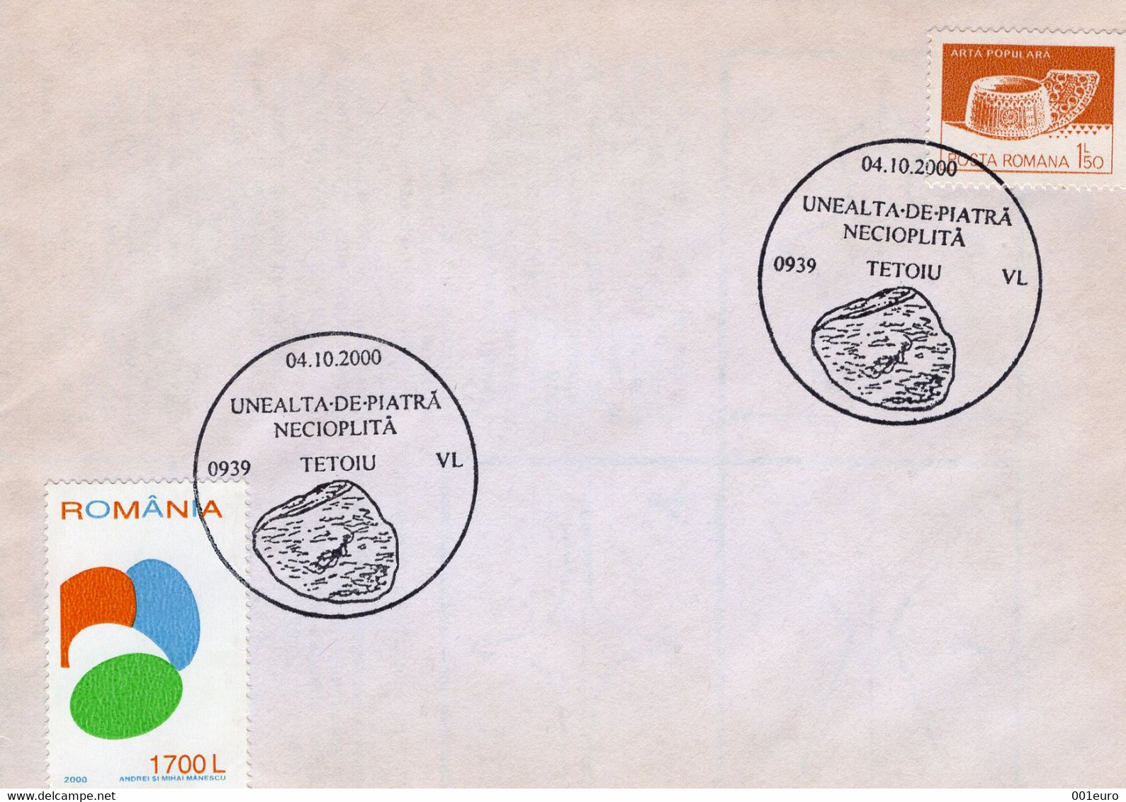 ROMANIA 2000: STONE AGE TOOL Illustrated Postmark - Registered Shipping! - Marcophilie