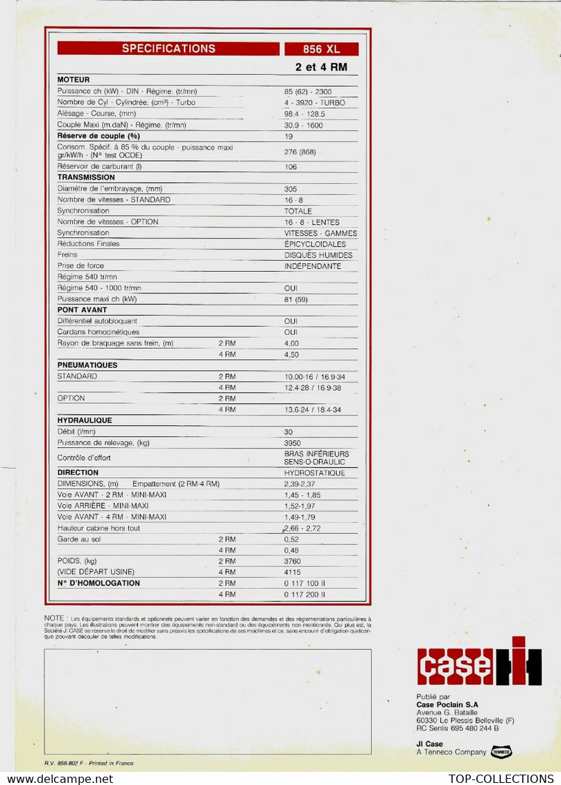 1983  AGRICULTURE DOCUMENTATION PUBLICITAIRE TRACTEURS CASE Hi 856 XL B.E. VOIR SCANS - Publicidad