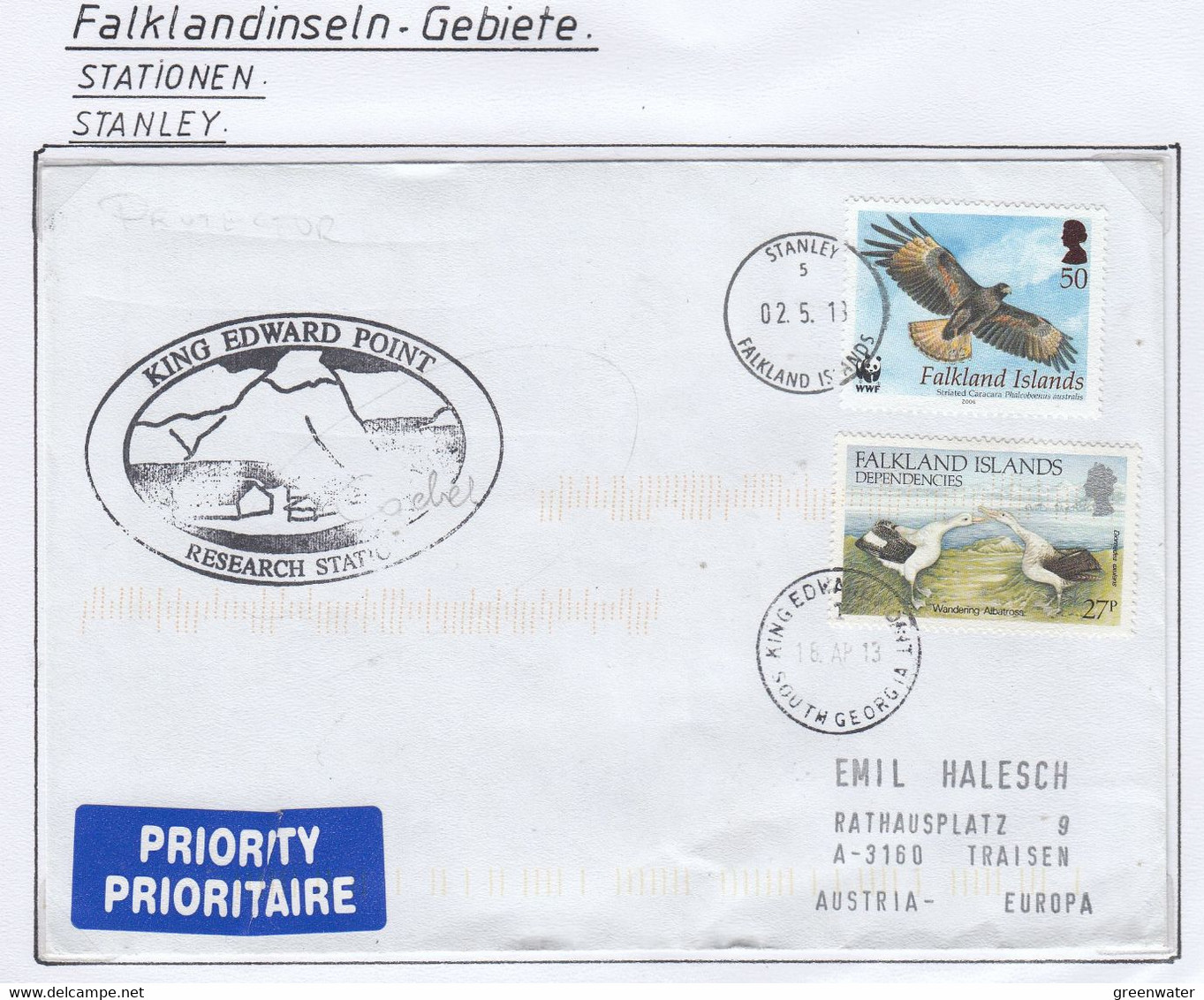 Falkland Islands 2013 Cover Combi Ca King Edward Point 16 AP 13 & Stanley 02.5.13 (FL210A) - Islas Malvinas