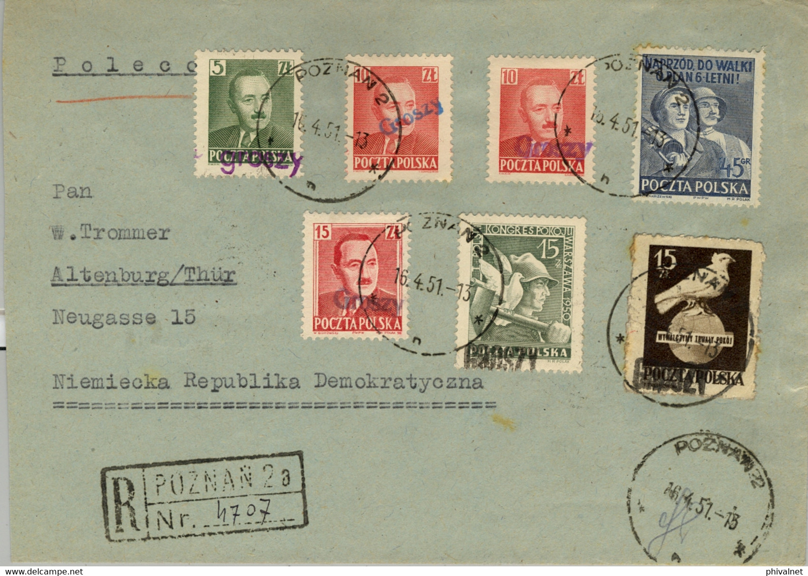 1951 POLONIA , CERTIFICADO POZNAN - ALTENBURG , LLEGADA , SOBRECARGA " GROSZY " , PRESIDENTE BIERUT - Covers & Documents