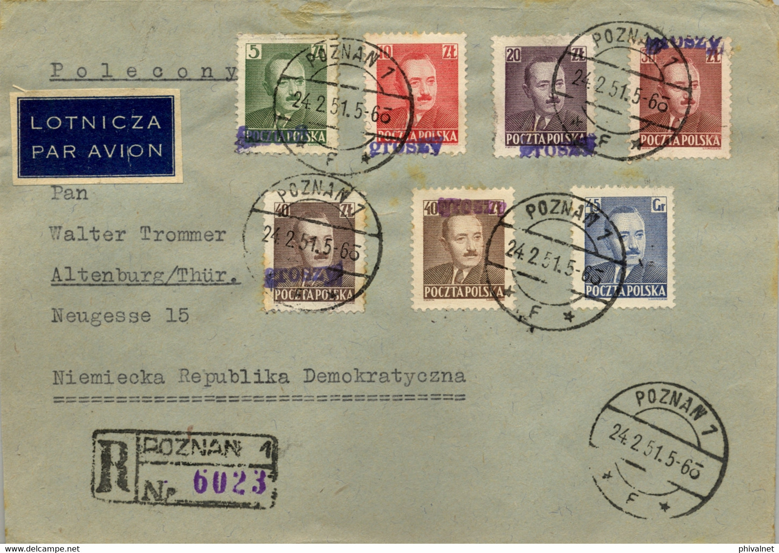 1951 POLONIA , CERTIFICADO POZNAN - ALTENBURG , LLEGADA , SOBRECARGA " GROSZY " , PRESIDENTE BIERUT , POR AVION - Briefe U. Dokumente