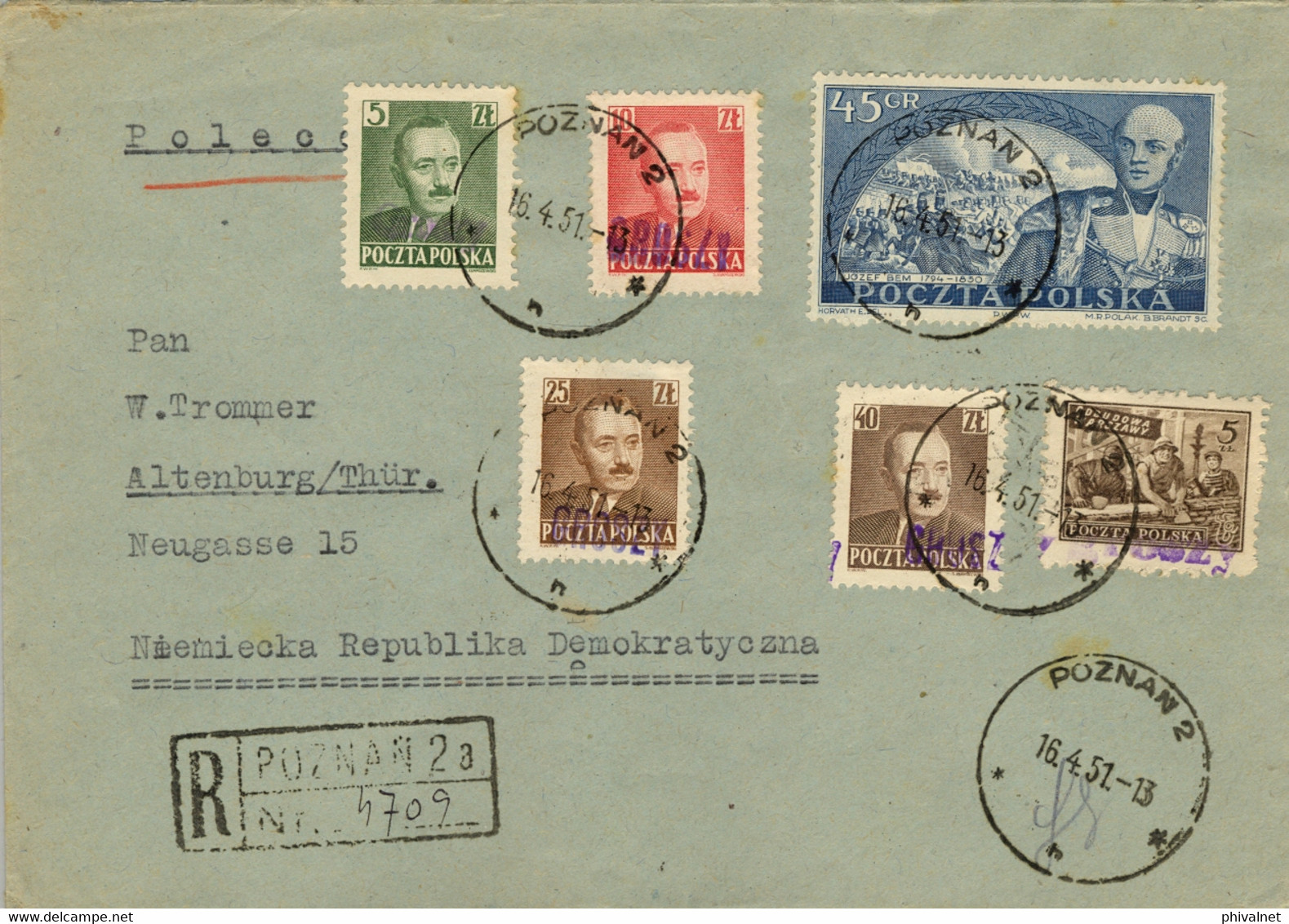1951 POLONIA , CERTIFICADO POZNAN - ALTENBURG , LLEGADA , SOBRECARGA " GROSZY " , FRANQUEO MÚLTIPLE - Cartas & Documentos