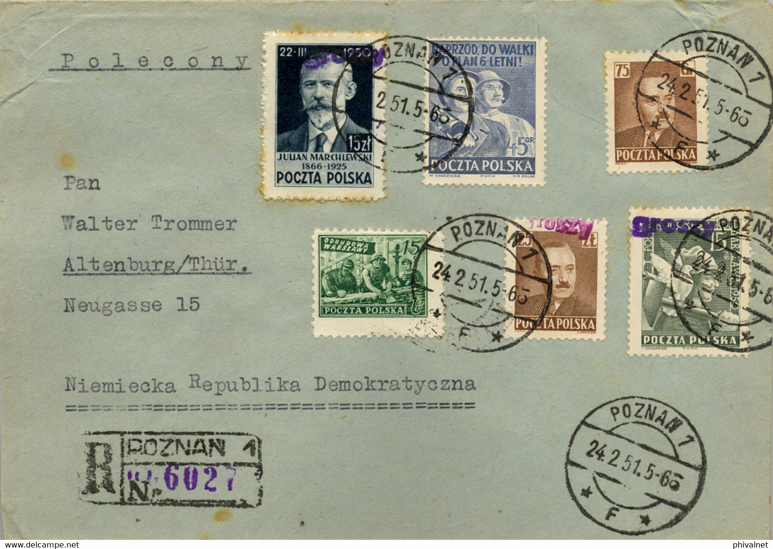 1951 POLONIA , CERTIFICADO POZNAN - ALTENBURG , LLEGADA , SOBRECARGA " GROSZY " , FRANQUEO MÚLTIPLE - Cartas & Documentos