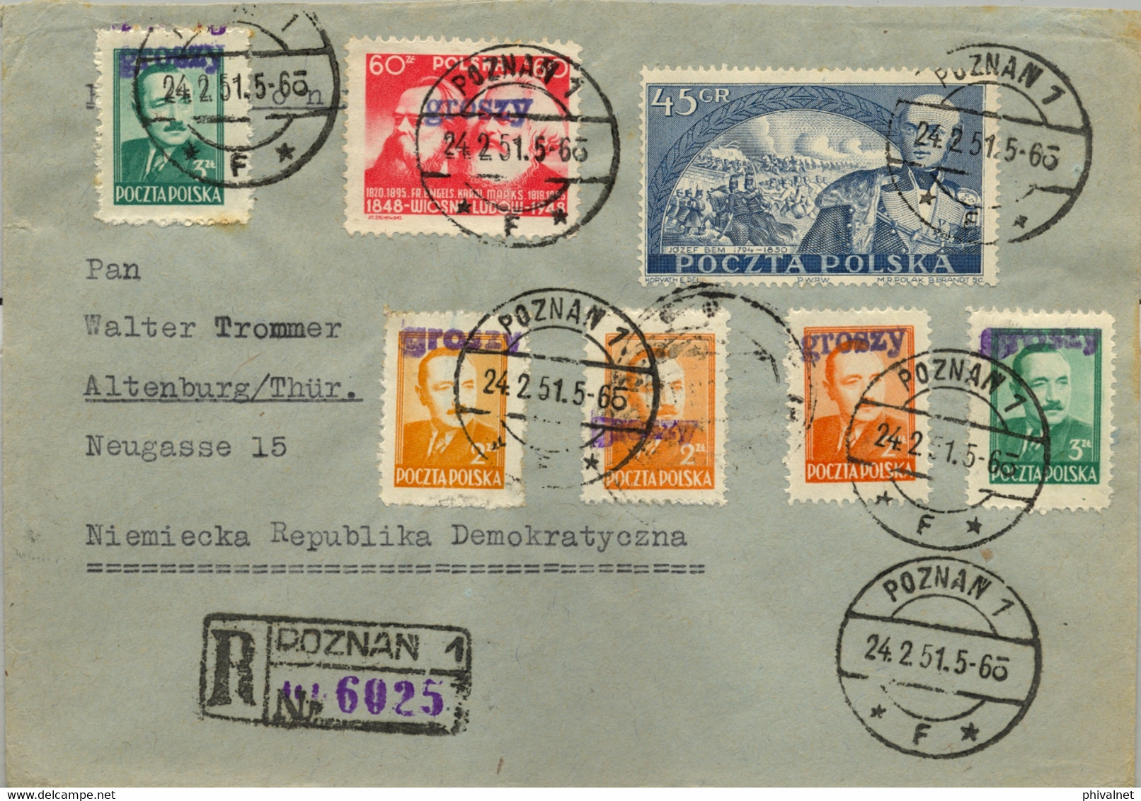 1951 POLONIA , CERTIFICADO POZNAN - ALTENBURG , LLEGADA , SOBRECARGA " GROSZY " , FRANQUEO MÚLTIPLE - Covers & Documents