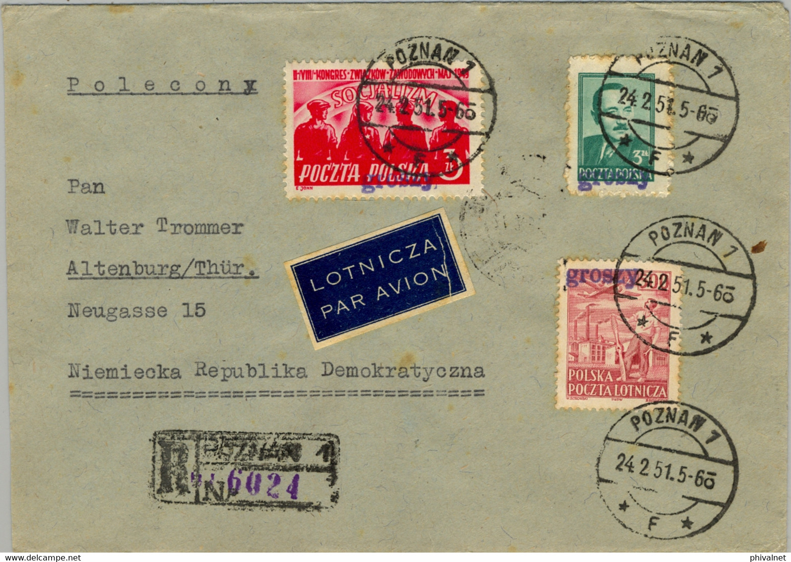 1951 POLONIA , CERTIFICADO POZNAN - ALTENBURG , LLEGADA , SOBRECARGA " GROSZY " , FRANQUEO MÚLTIPLE , POR AVION - Storia Postale